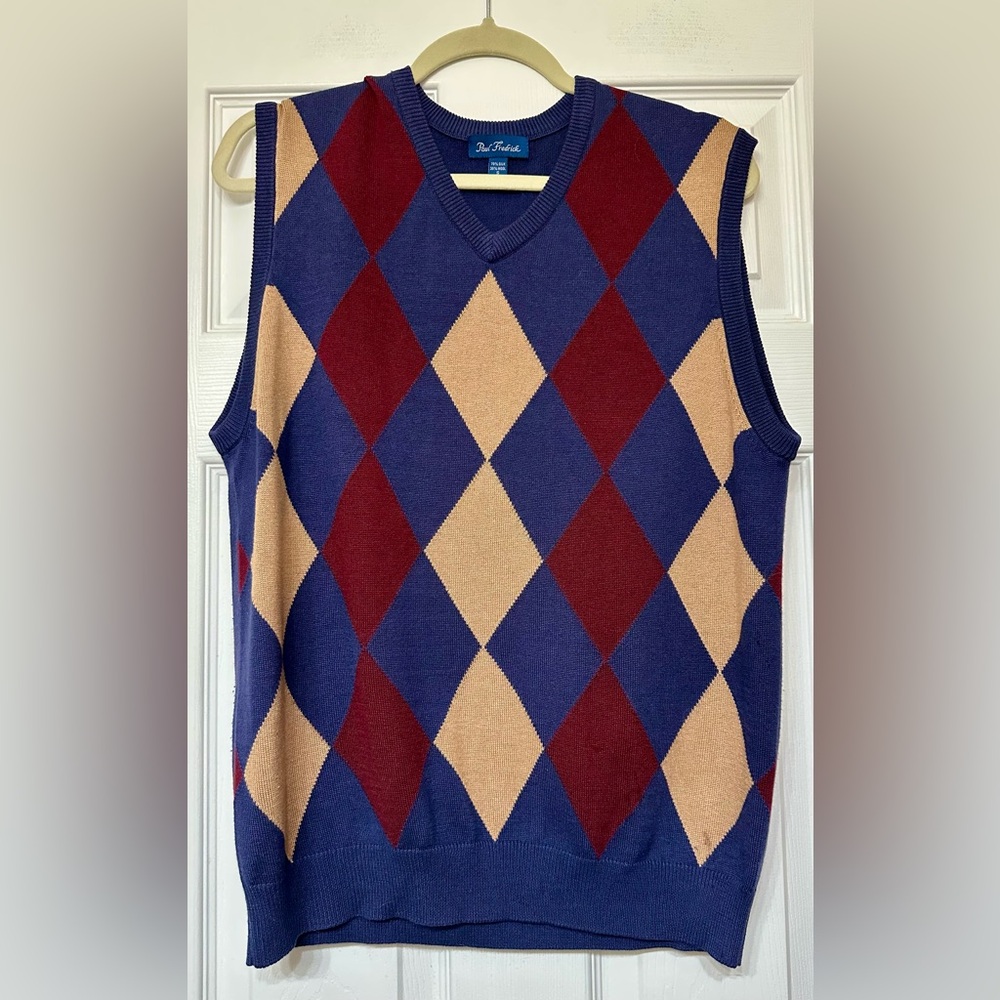 VTG Paul Fredrick V-Neck Argyle Sweater Vest - Blue, Maroon and Tan Small